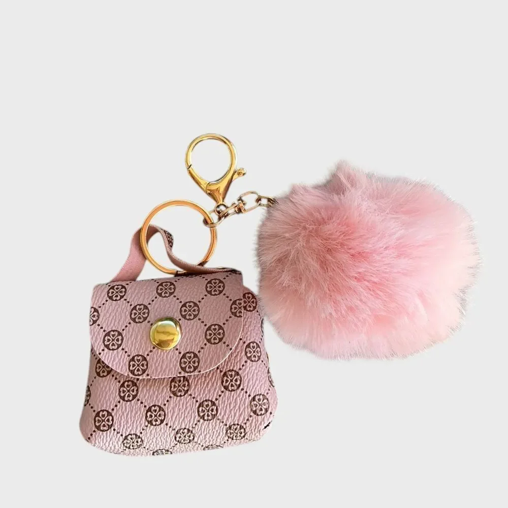 Pom Pom Decor Coin Purse Pink Key Ring Bag Charm Hand Bag Key Chain